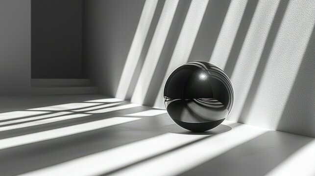 Glossy black sphere in a minimalist setting with dramatic shadows