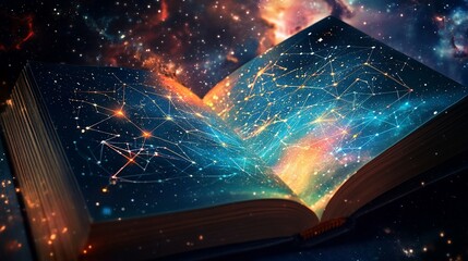 Aufkleber - Open book with a galaxy inside and constellation pattern on the pages, cosmic knowledge concept