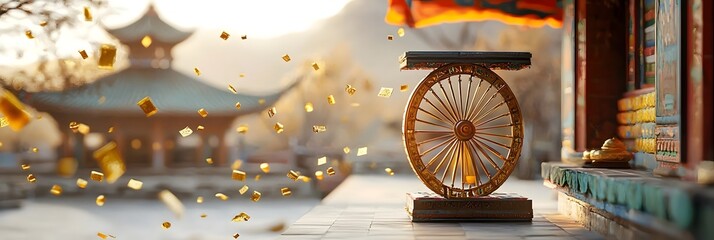 Aufkleber - A tranquil and meditative scene of a Tibetan prayer wheel softly rotating with shimmering golden dust particles floating through the air creating a calming and ethereal atmosphere