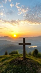Poster - A wooden cross stands on a grassy hill silhouetted against a vibrant sunrise over the distant mountains creating an and contemplative scene