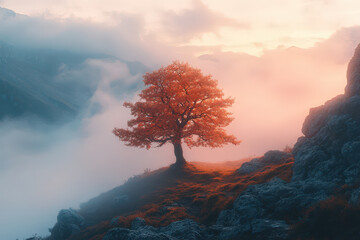 Wall Mural - A tree is standing on a hillside with a cloudy sky in the background