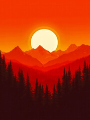 Wall Mural - A mountain range with a large sun in the sky