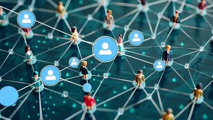 Poster - A network of miniature figures illustrates interconnectedness in a digital world during a tech exhibition
