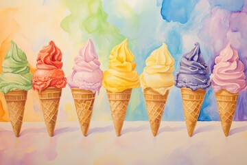 Aufkleber - Delightful rainbow ice cream cones arranged in a row with pastel background displaying vibrant flavors and glossy textures
