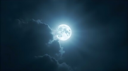 Wall Mural - Dramatic Celestial Full Moon and Clouds in the Dark Blue Night Sky