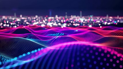Poster - Colorful digital wave representation over a city skyline illuminated at night showcasing vibrant lights and modern technology