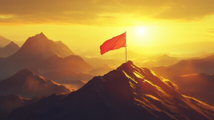 Leinwandbilder - Bright red flag planted atop majestic mountain during golden hour, showcasing high-energy adventure in stunning natural landscape