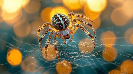 Spider on web, sunset bokeh background, nature macro, wildlife