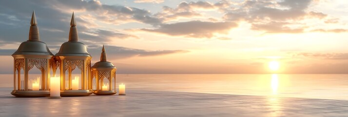 Aufkleber - Majestic Buddhist temple with softly glowing lanterns reflected on the still water set against a breathtaking sunset sky