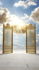 Aufkleber - Majestic golden gates stand open with radiant light and ethereal clouds ushering in a vision of the heavenly realm beyond