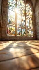 Poster - Ornate stained glass window with intricate biblical scenes filtering sunlight into the majestic interior of a grand cathedral
