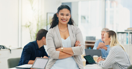 Poster - Portrait, business people and woman in meeting, arms crossed and confidence with real estate. Face., employees and renovation agency in workplace, pride and planning for property development or smile