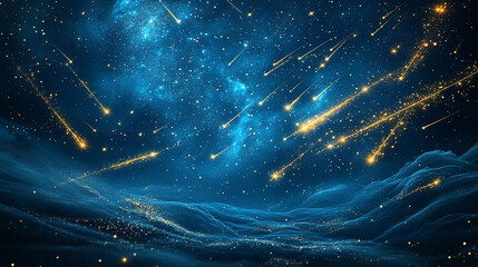 Wall Mural - Abstract cosmic scene with golden streaks and glowing particles against a dark blue background.
