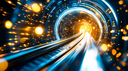 Poster - Bright tunnel filled with glowing particles creating dynamic movement. Futuristic design with smooth tracks leading into radiant light. Concept of technology, innovation, transport