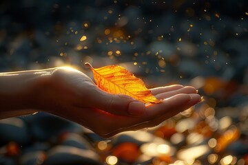 Poster - Capturing the Beauty: A Model's Hand Holding an Autumn Leaf in Soft Natural Light