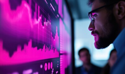 Poster - A focused professional analyzes stock market data on a vivid digital screen in a modern office.