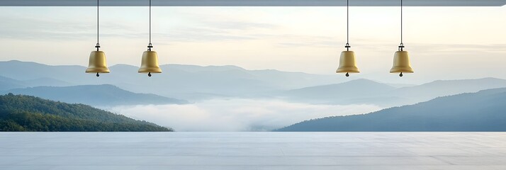 Aufkleber - Tranquil scene of a still mountain lake with floating golden church bells set against a backdrop of hazy forested hills
