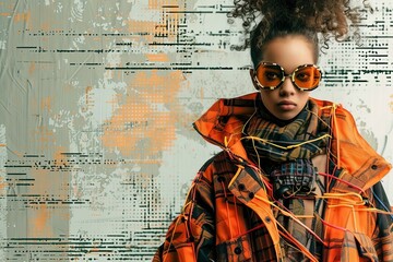 Poster - Futuristic Cyberpunk Fashion Model Posing Against Abstract Glitch Background