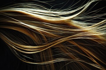 Poster - Abstract close-up of blonde and brown highlighted hair creating flowing wave patterns against a dark background, ideal for haircare and beauty concepts.
