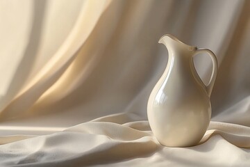 Poster - A beautiful white ceramic pitcher resting on a draped cream-colored fabric background, creating a soft and elegant still life composition, with delicate lighting.