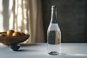 Poster - Elegant glass bottle filled with sparkling water, standing prominently on a clean white surface, a still life emphasizing hydration and simple beauty.