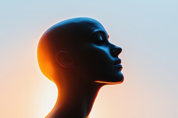 Poster - A striking profile of a bald woman bathed in blue and orange light, creating a sense of mystery and futuristic design, set against a gradient background.