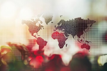 Poster - Abstract dotted world map overlay with grid lines and red blurred flowers foreground; symbolizing global connections and technological advancement for worldwide business.