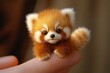 © nataliia - A realistic photo of a tiny, glowing red panda sitting gently on the tip of a human finger. It has big round eyes, and its tiny paws gently wrap around the human finger.