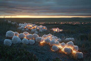 Poster - Mystical field with glowing flowers under a dramatic sunset, creating an enchanting scene, blending nature's beauty with surreal luminescence in an open landscape.