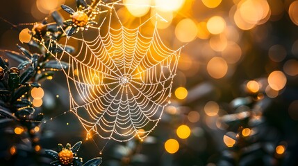 Intricate Spider Web Glistening with Dew in Sunlit Garden Setting with Bokeh Effect