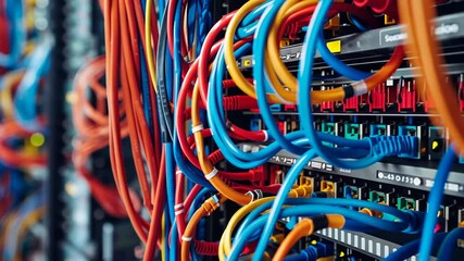 Poster - A vibrant array of network cables, mainly blue and orange, intertwines in a data center, highlighting the intricate design of computer connections in the technology hub.