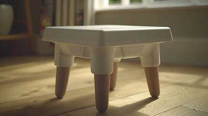 Poster - A small white square table with wooden legs is shown