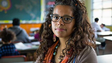 Poster - A dedicated teacher stands confidently in a bustling classroom, focusing on her students who are engaged in various learning activities at their desks.