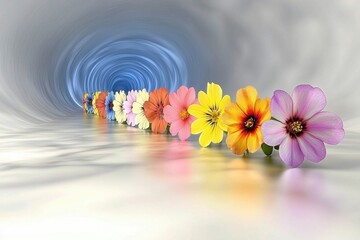 Poster - A vibrant and colorful row of different flowers leads into a swirling tunnel of light and shadow, creating a surreal and artistic composition with a sense of depth.