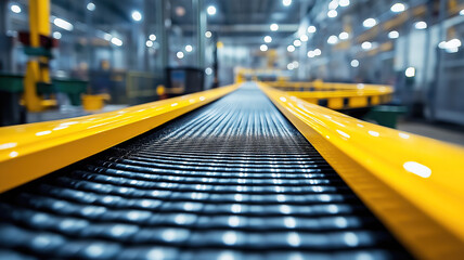 Poster - Close-up View of Yellow Conveyor Belt with Industrial Design in a Warehouse or Factory