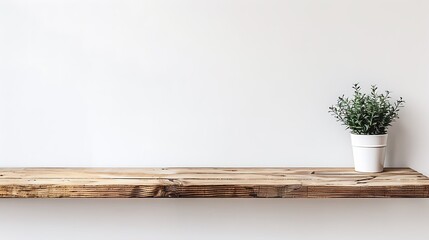 Poster - A wooden shelf holding a potted plant against a white wall