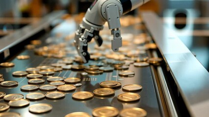 Poster - A robotic arm skillfully organizes numerous coins scattered across a conveyor belt in a high-tech automation facility illuminated by ambient light.