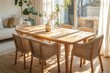 © TrendySpaces - Minimalist Interior Dining Room, interior photo of a well-lit dining room with a wooden dining table. Generative AI