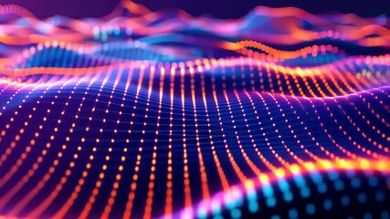 Fototapete - Colorful illuminated waves rise and fall in a digital landscape, creating a mesmerizing abstract representation filled with vibrant light patterns against a dark backdrop.
