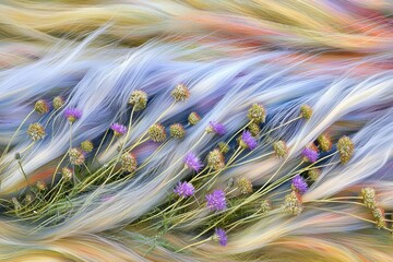 Poster - Delicate purple flowers juxtaposed against a background of soft, flowing textures creating a mesmerizing and dreamlike abstract floral composition.