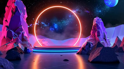 Fototapete - An imaginative setting showcases illuminated rock formations with bright neon rings, set against a cosmic backdrop filled with stars and distant planets.