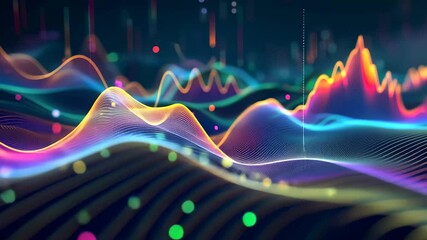 Fototapete - Vibrant lines and colorful dots create dynamic wave patterns visually representing sound frequencies against a dark backdrop.