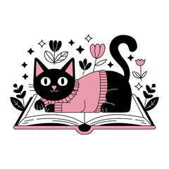  Cute Black Cat on Open Book Illustration