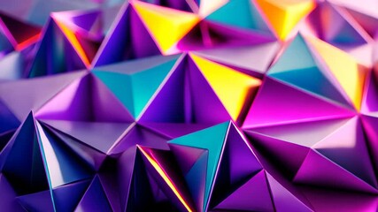 Poster - A vivid arrangement of pyramids showcases a blend of purple, pink, and orange hues, reflecting light in an artistic and abstract composition that draws the eye.