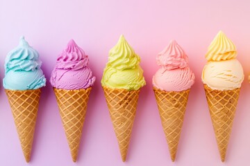 Aufkleber - Bright rainbow-colored ice cream cones with glossy textures on a pastel background create a cheerful summer treat display