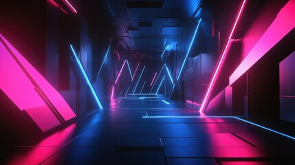 Poster - Futuristic Neon Corridor with Glowing Lights and Abstract Shapes in a Dark Environment, Creating a Dynamic and High-Energy Atmosphere for Technology and Art Themes