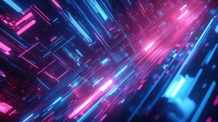 Fototapete - Vibrant Abstract Background with Futuristic Neon Lights in Pink and Blue, Showcasing Technological Depth and Motion in a Digital Environment