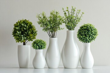 Poster - Modern home decor featuring green plants in elegant white ceramic vases against a neutral background for a fresh aesthetic