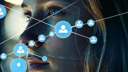 Fototapete - A womans face illuminated with digital connections, symbolizing technology and innovation in a modern setting