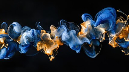 Poster - Vibrant Swirls of Blue and Gold Ink Flowing Together in a Stunning Abstract Composition Against a Dark Background